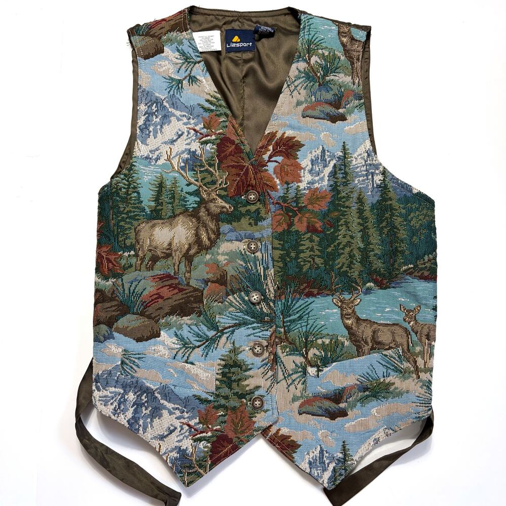Vintage 90s Lizsport Deer Wilderness Tapestry Vest Woodland Forest Size 4